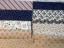 Patriotic Fabric Lot Scraps 10 fat eighths 9" x 21" flags stars RWB Americana