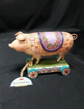 2007 Jim Shore Heartwood Creek Spotted Pig On Cart & Wheels Folk Art WITH TAG