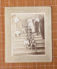 ANTIQUE BOARD MOUNTED PHOTOGRAPH FAMILY ON STEPS WITH DOG~PATERSON NEW JERSEY