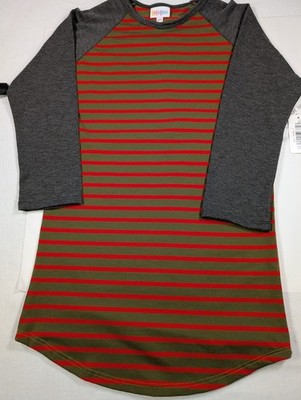 Lula Roe Girls T-Shirt Long Sleeve Green And Red Strip XXS