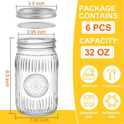 32 Oz Wide Mouth Mason Jars Lids Bands 6 Pack Quart Canning Embossed Glass Meal