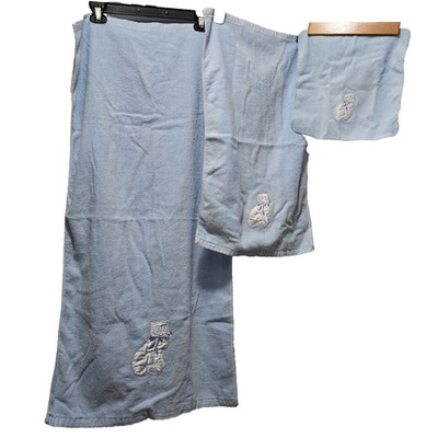 VTG Blue Terrycloth Towel Set Cat Kitten Satin Appliqué 3-Piece Royal Pacific