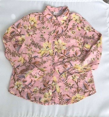 Laura Ashley Women M Pink Floral 100% Linen Button Down Shirt Cottagecore
