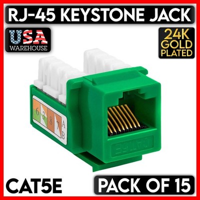 Green RJ45 Keystone Jack Ethernet CAT5e Cat5 UTP 110 Punch Down Network 15 Pack