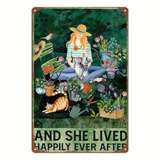 Vintage Cat Lover Metal Sign Girl Garden Happily Ever After Living Room Decor