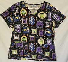 Ladies SB SCRUBS Medical Office Wear Top V-Neck Whimiscal Halloween Theme Sz M