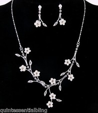 8B Bridal Lifetime SP White Pearl  Crystal Bridal Floral Vine Necklace Set
