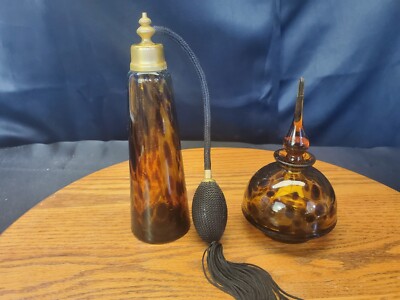 Vintage IRICE Amber Glass Perfume Atomizer and Matching Bottle