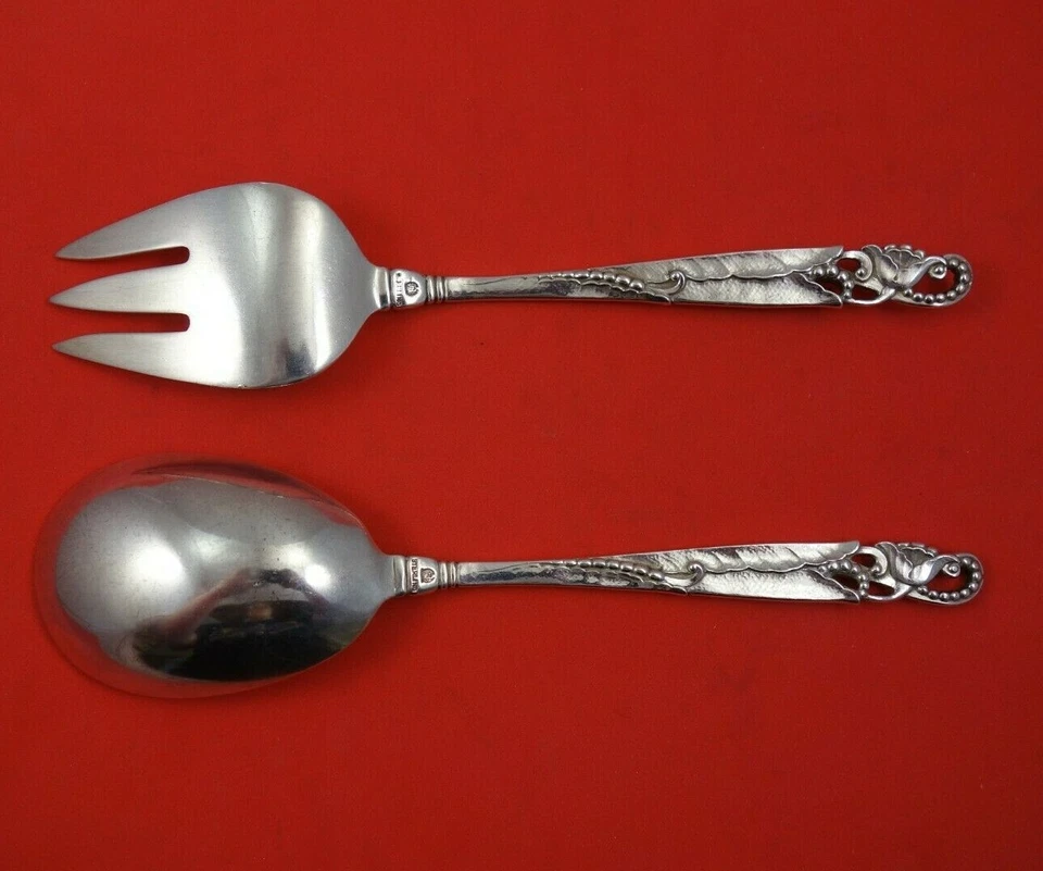 Juego de servir ensalada de plata esterlina Meriden Britannia 2 piezas hoja fundida y flor 8" Foto 2 de 3