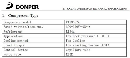 COMPRESOR DONPER E1130CZ R134A BAJA TEMPERATURA 12.1 DISP 284W @ -25 3/8+HP 240V 50HZ - Imagen 5 de 7