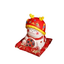 Lucky Cat Wearing Dragon Hat Maneki Neko Ceramic Coin Bank 6" H