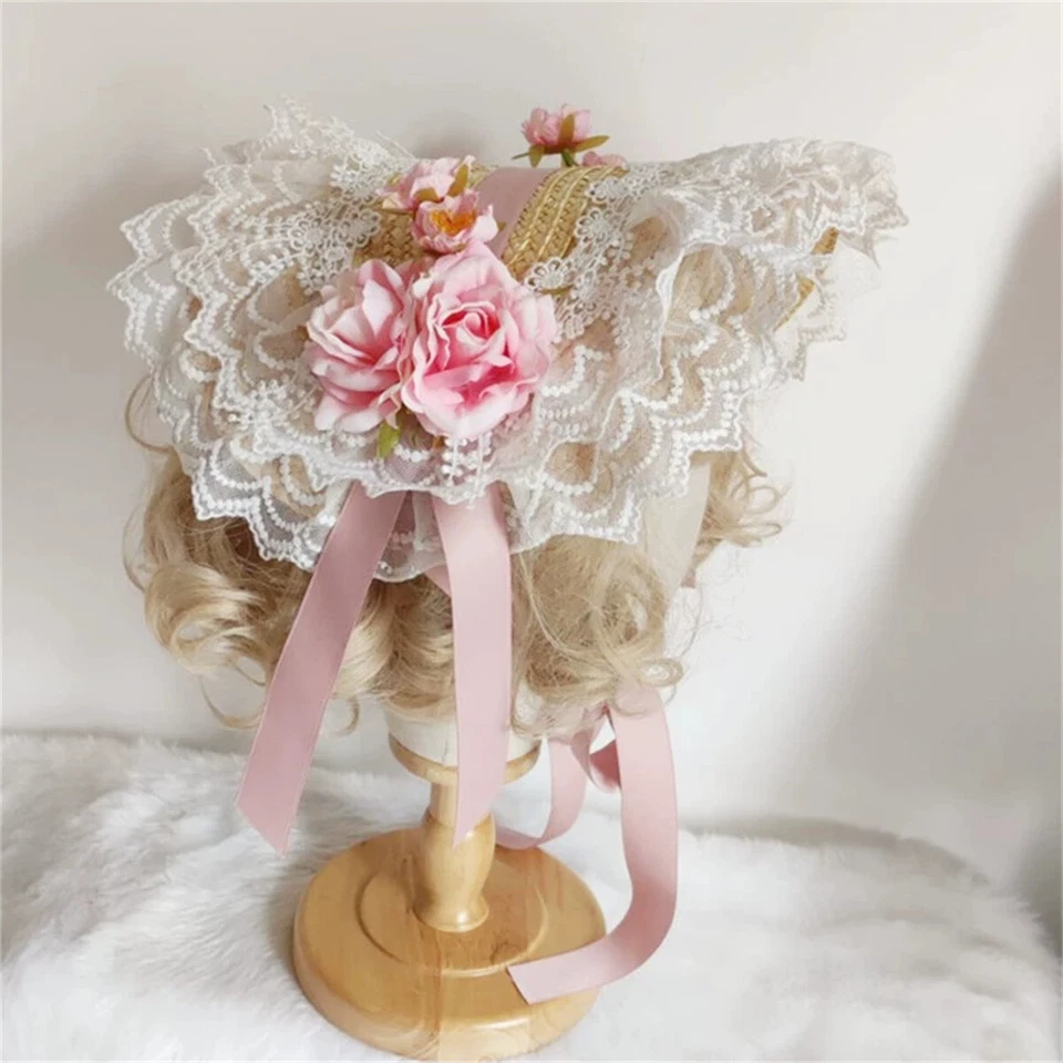 Gorro de paja victoriano para mujer con ala de encaje floral clásico sombrero de lolita Foto 2 de 4
