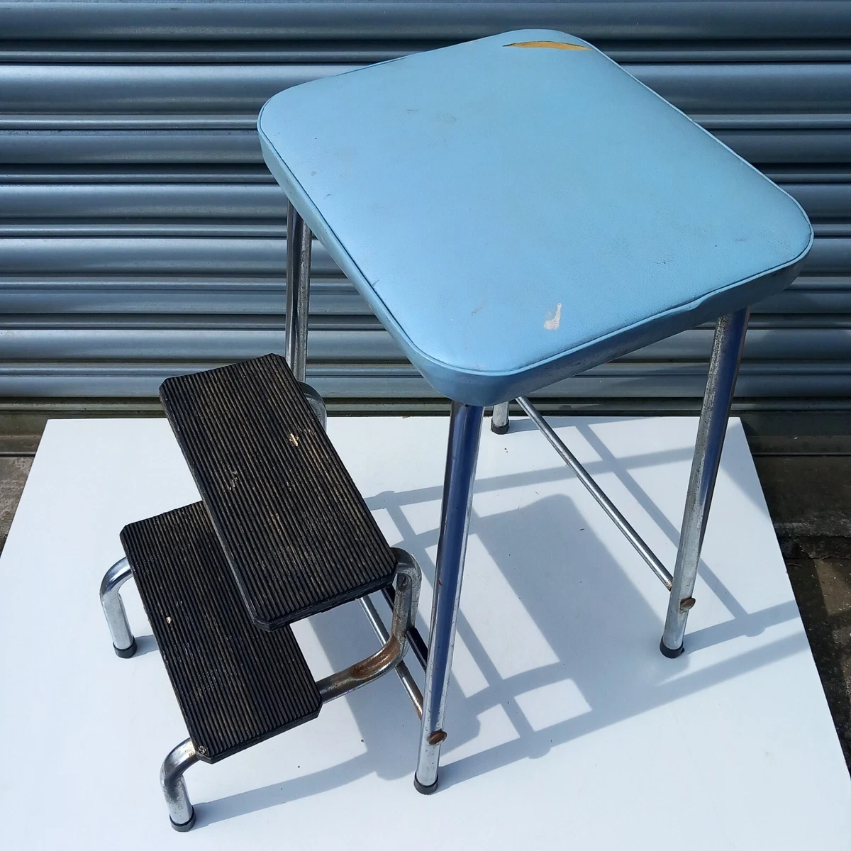 Vintage Folding Step Stool Chair Steps Kitchen Original Blue Vinyl Top Retro