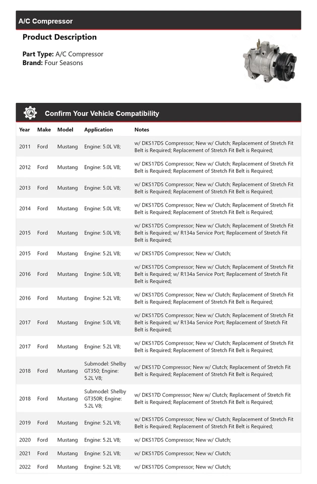 Compresor de aire acondicionado para Ford Mustang 2011-2022 4 estaciones 2012 2013 2014 2015 2016 Foto 2 de 4