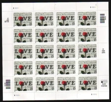 #3551 ROSE AND LOVE LETTERS. MINT SHEET.  F-VF NH. BCV $46.50