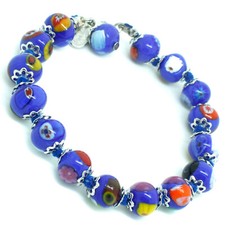 Murano Glas Armband Royal Blau Multi Silber Millefiori Venedig 15 Perlen
