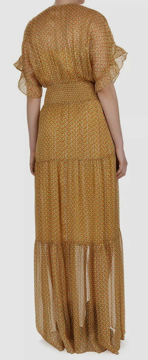 $695 ba&sh Women's Gold V-Neck Metallic Short-Sleeve Herringbone Maxi Dress 2/M
