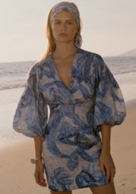 HM Conscious Exclusive Mosaic Linen Puffy Sleeves Dress Size XS