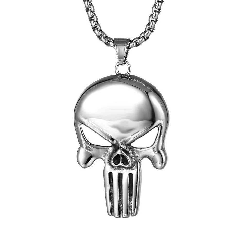 Men's Gothic Silver Punisher Skull Pendant Punk Retro Rock Necklace