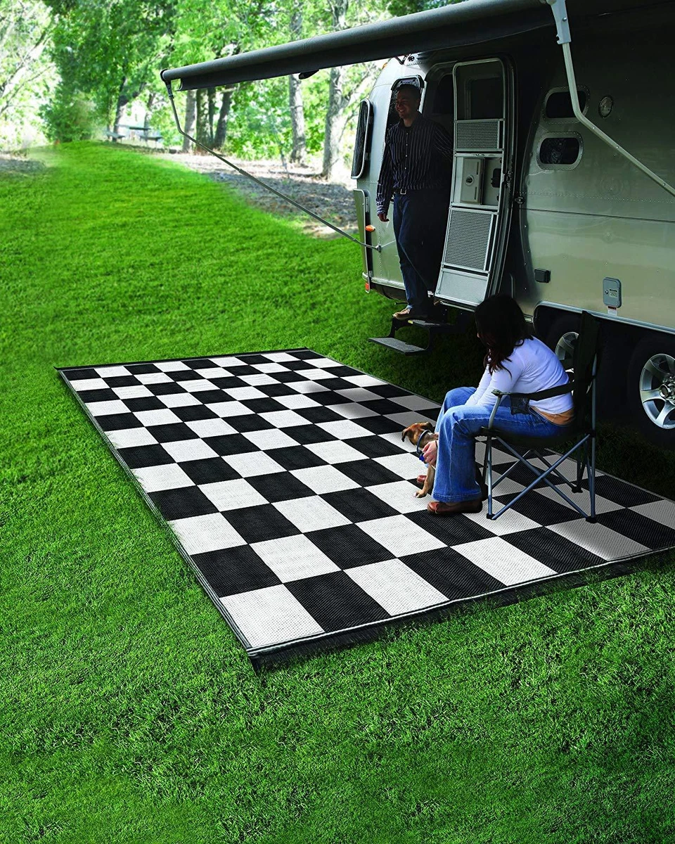 Reversible Outdoor Checkered Trailer Mat RV Camper Floor Rug Camping White  Black