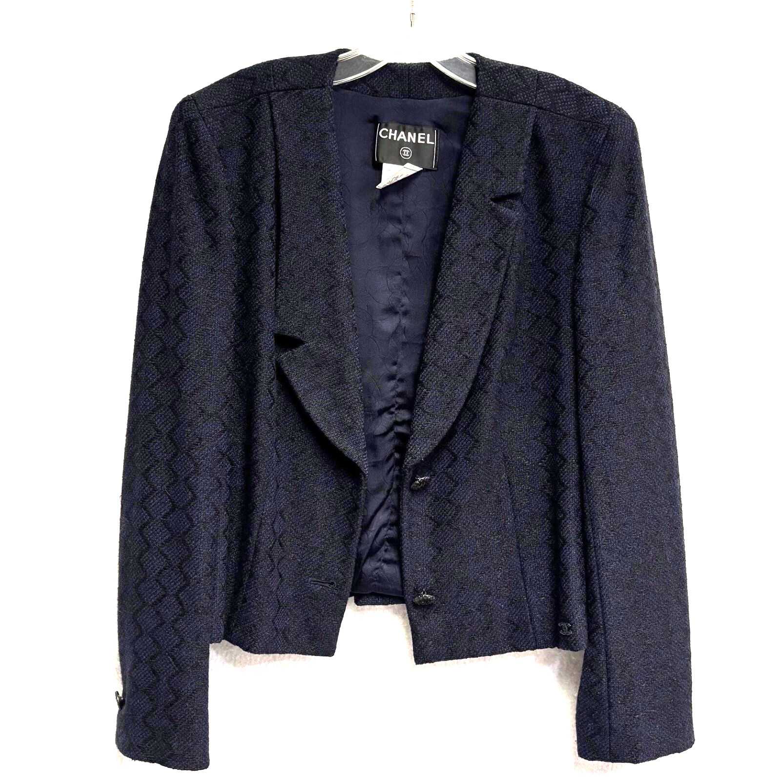 CHANEL Vintage y2K 2002 Navy & Black Basket weave Knit Blazer Jacket Bedazzled