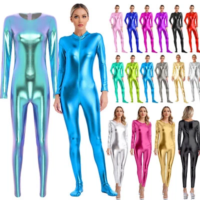 IEFIEL DE Damen Metallic Unitard Tanzkleidung Catsuit Bodysuit Halloween Kostüm Overall