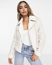 New Stradivarius Short Aviator Jacket In Ecru Shearling Faux Suede Size Medium