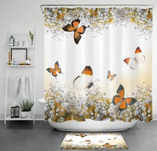 Garden Plant Wildflower Orange Butterfly Shower Curtain Set for Bathroom Decor