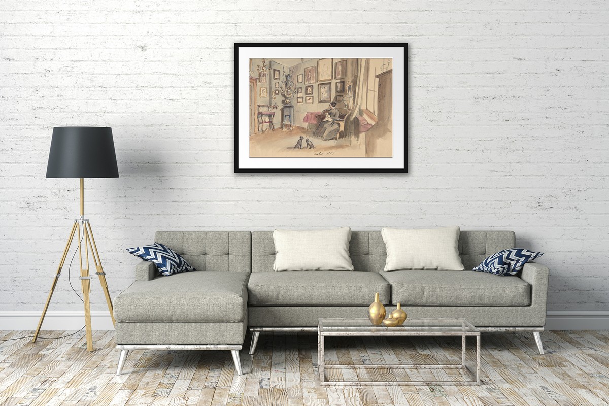 Tableau Toile 'Intérieur Salon' 19ème Siècle Français Anonyme - Cadre Bois, Prêt à Accrocher, Neuf
