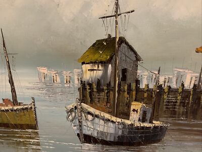 Ships in A Harbor Fishing Boats Original Oil Painting by W. Jones