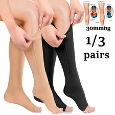 (3 Pairs) Zipper Open Toe 20-30 mmHg Copper Compression Socks Support Leg Calf