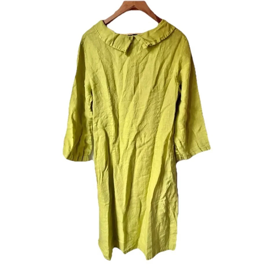 Vestido túnica de diseñador ITALIANO 100 % lino citrón con cuello y bolsillos talla mediana usado en excelente estado Foto 4 de 4