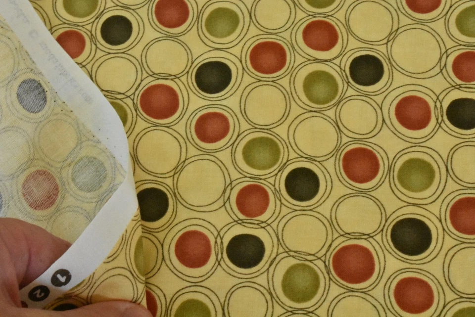 By 1/2 Yd, Rust Olive & Gray Circles on Yellow, Moda, Gervais/Circle & Dots,V416 - Image 4 of 4