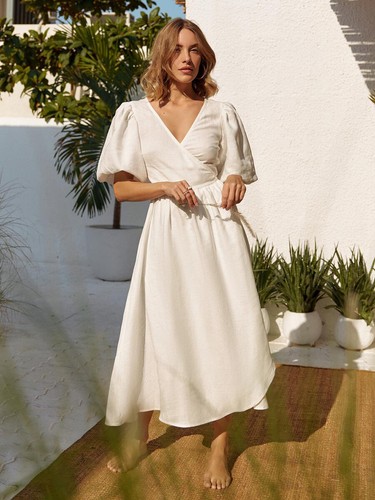 Summer Women Ladies Pure Cotton Lace-up Short Bubble Sleeve V Neck Long Dress - Picture 25 of 61