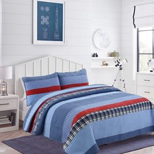Navy Red Denim Plaid 100 Cotton Quilt Set, Bedspread, Coverlet
