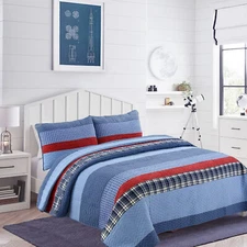 Navy Red Denim Plaid 100%Cotton Quilt Set, Bedspread, Coverlet