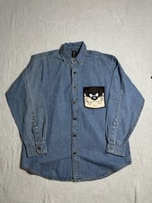 VINTAGE Looney Tunes Denim Shirt Mens Small Blue TAZ 1997 Warner Bros Button Up