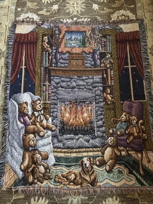 Tapestry Throw Blanket Cabin Fireplace Teddy Bears Dog 56" x 50 Fringe - Image 1 of 4