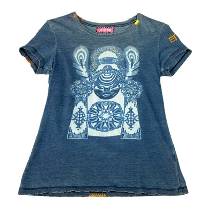 Ancient China Womens Top Sz L Blue Art to Wear Short Sleeves NWOT