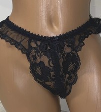 VINTAGE FREDERICKS OF HOLLYWOOD BLACK LACE THONG PANTY OS Crotchless Mesh P26