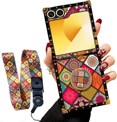 Galaxy Z Flip 6 Case with Ring Stand Flower Retro Pattern Metal Reinforced Corne