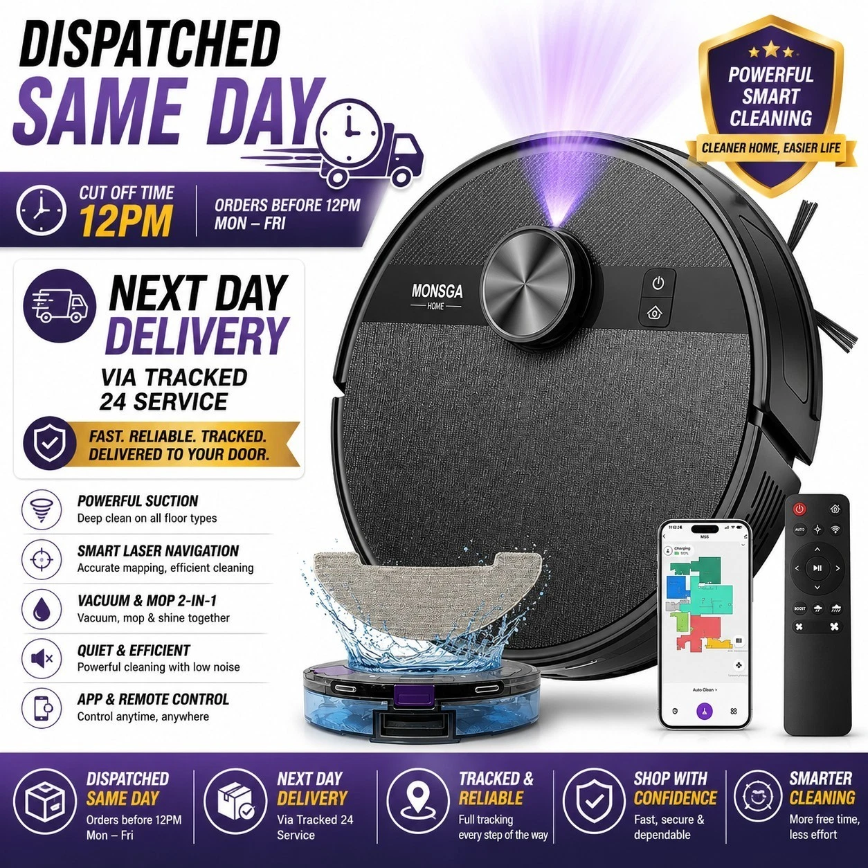 MONSGA MS1 Robot Vacuum Cleaner 7000Pa LiDAR Mop Smart App Pet Hair UK