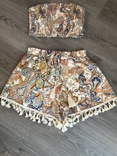 Cider Boho Paisley Tube Top Shorts Set Tassel Hem Elastic Waist Small