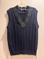 Vintage 90  s Woods  Gray 100 Cotton Navy Blue Cable Knit Sweater Vest Plaid L
