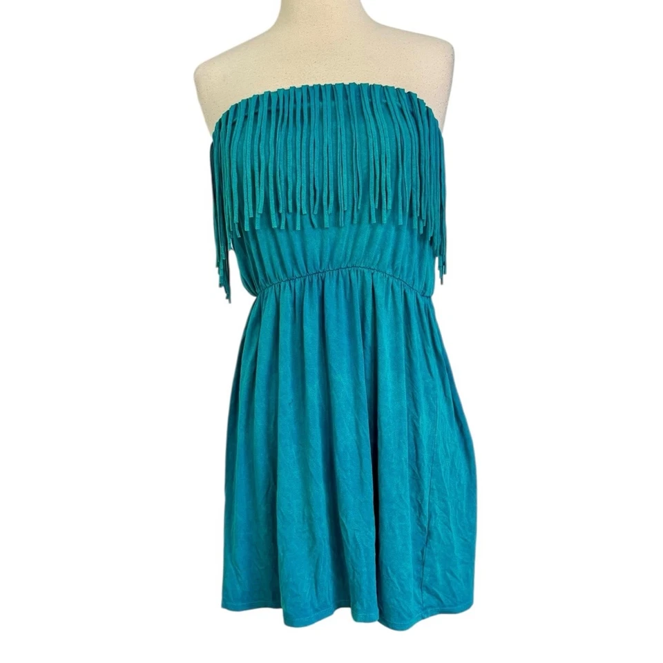 Винтажный T вечеринки 90-х годов Y2K инди бирюза бахрома мини без бретелек платье богемное фестиваль L - Изображение 3 из 4