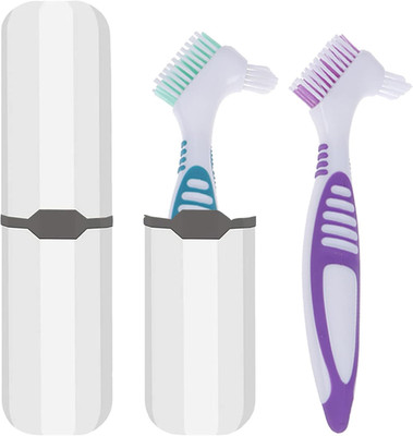 Denture Brush, 2 Pieces False Teeth Toothbrush with White Carrying Case, Green a