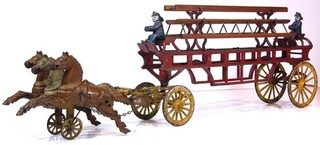 1890s CAST IRON HORSE DRAWN FIRE ENGINE LADDER TRUCK BY DENT 27 INCHES OVERSIZE