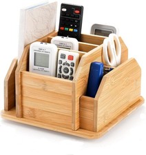 Bamboo Rotating Remote Control Holder 7 Compartment 360 Desktop Organizer Desk