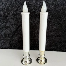 Vtg Window Candle Sticks Dripping Wax Battery Operated White Silver Set Of 2