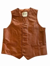 Vintage Berman’s Leather Vest Size 44 Brown Western Button Front Slit Pockets